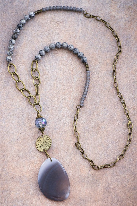 Natural Stone Bead Necklace with Stone Pendant