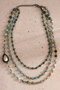 Triple Layered Mixed Glass Bead and Stone Necklace