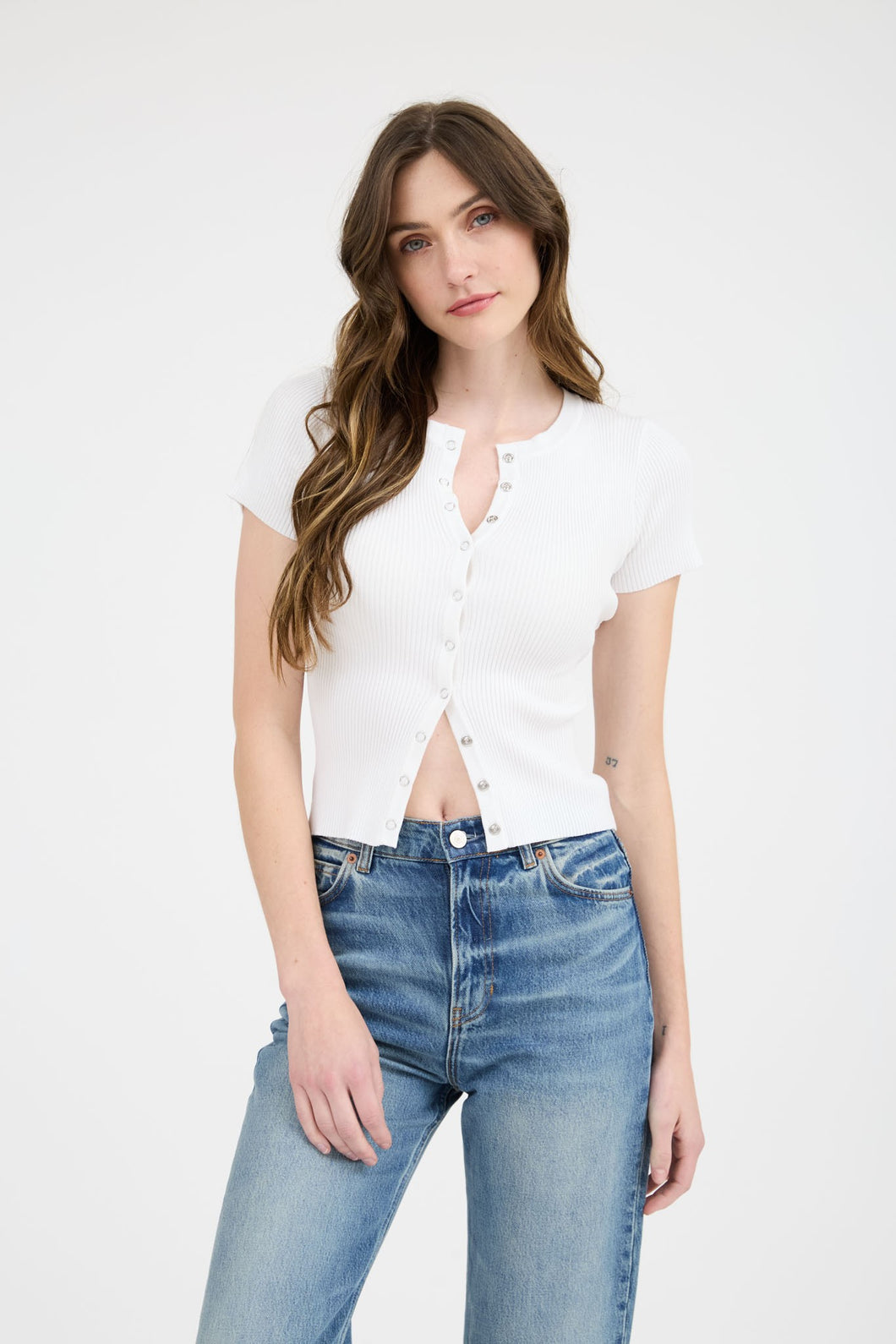Snap Short-Sleeve Knit Cardigan in White