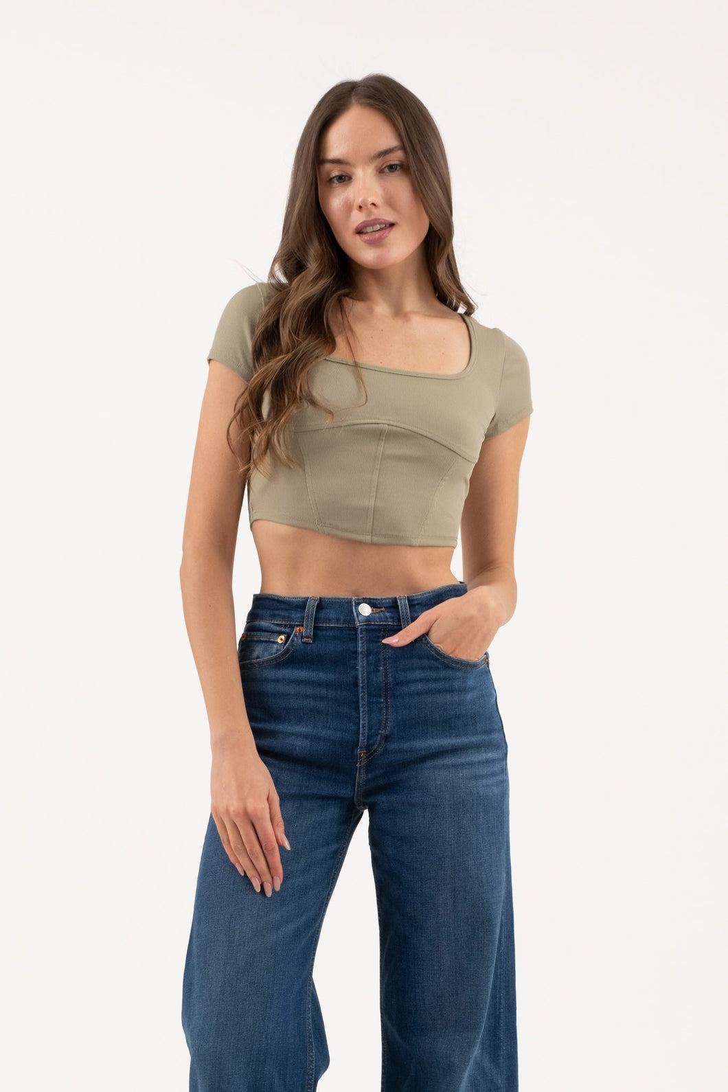 Corset Detail Short Sleeve Knit Crop Top in Light Olive