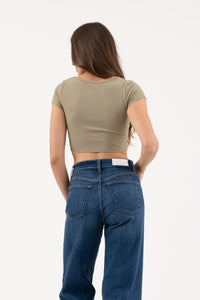 Corset Detail Short Sleeve Knit Crop Top in Light Olive