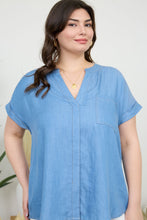 Load image into Gallery viewer, Back Button Cuff Sleeve Chambray Top
