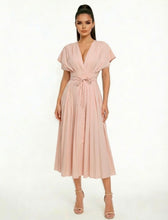 Load image into Gallery viewer, Blush Deep V-neck Pleated Waist Midi Dress
