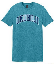 Load image into Gallery viewer, &quot;FF2&quot; Adult Softstyle T-Shirt (64000) - Navy/White on Heather Galapagos Blue
