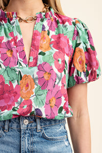 Floral Puff Sleeve Top - Raspberry Mix