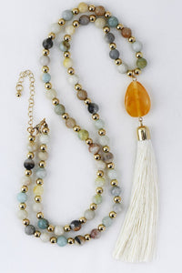 Natural Amazonite Stone Bead Necklace with Tassel